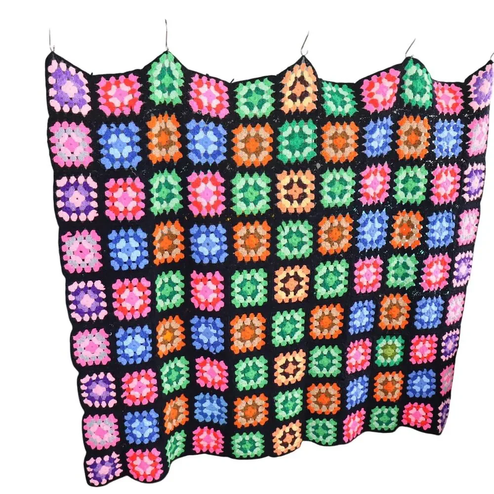 Vintage Granny Square‎ Crochet Blanket 60x54 Black Multicolor Throw